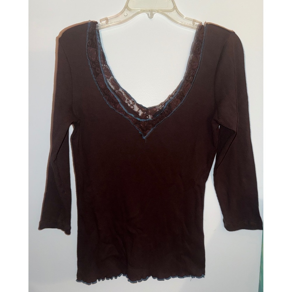 Mixit Lace Trim Fairycore Wide V Neck Half Sleeve Espresso Top Vintage Y2K Sz L